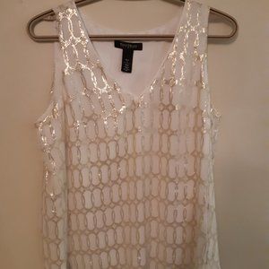 White House Black Market Sleeveless Silk Top in White w/ Gold Threads, Small